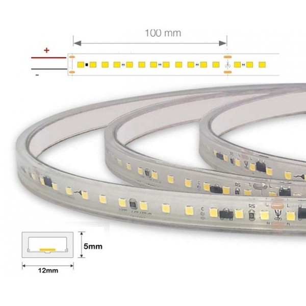 Tira LED 230V monocolor 12W/mt 90L/mt. SMD 2835 IP65 12x4mm corte cada 100mm, Venta por metros, desde 6,00€/m